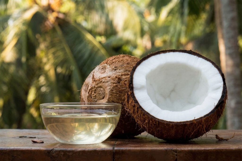 MCT coconut oil in a bowl with fresh coconut — gut health benefits