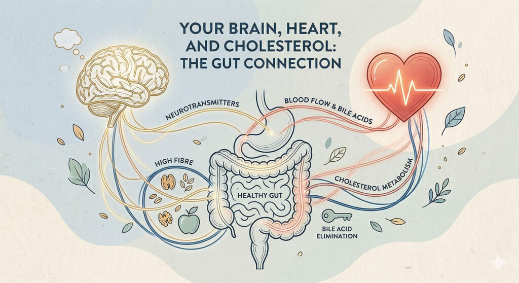 cholesterol gut health — brain heart and gut connection diagram