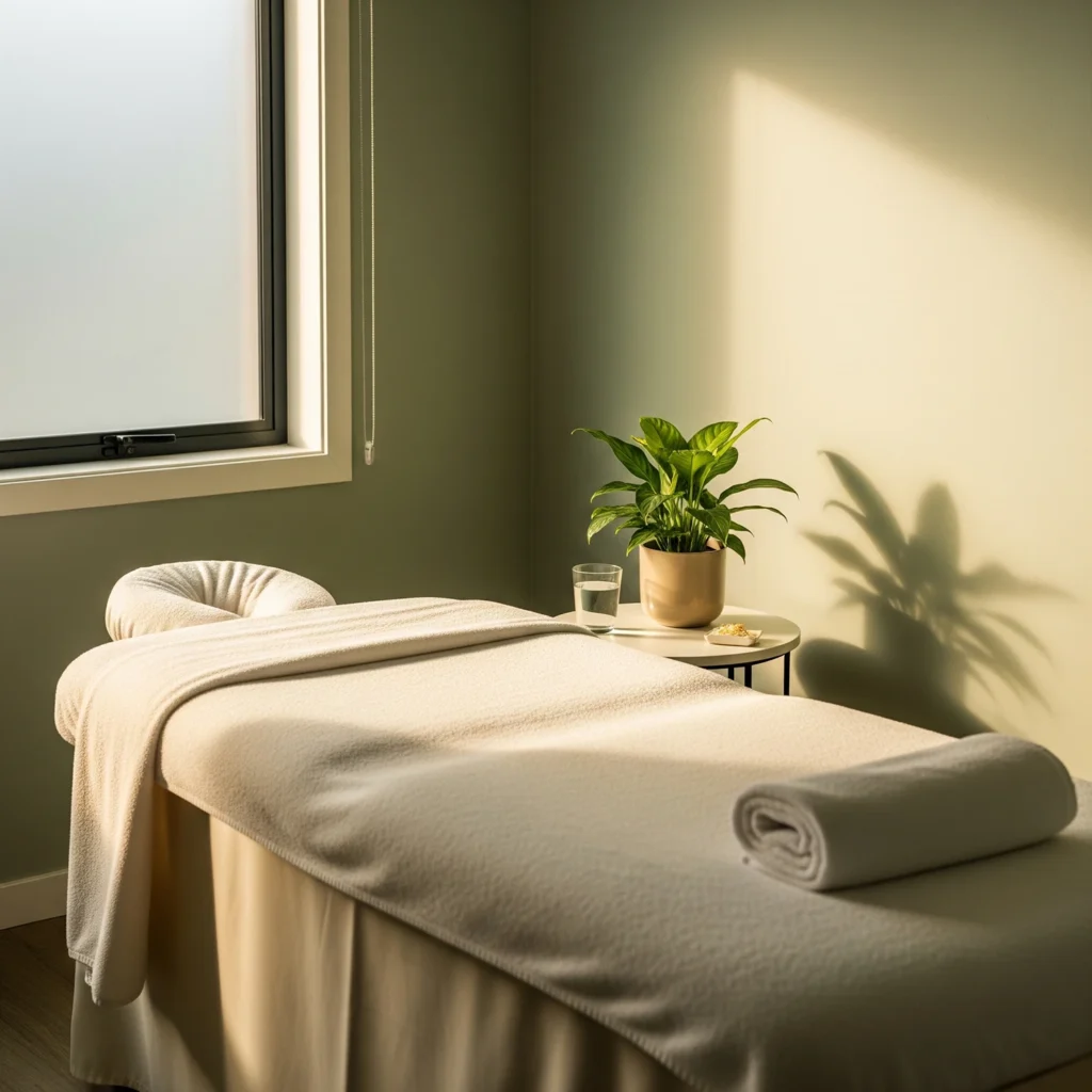 Calm treatment room at Phenomenal Colonics, Belsize Park, where Marijke Vogel practises gravity-controlled colon hydrotherapy