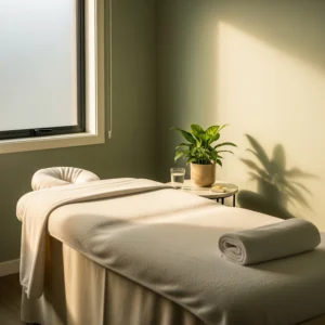 Calm treatment room at Phenomenal Colonics, Belsize Park, where Marijke Vogel practises gravity-controlled colon hydrotherapy