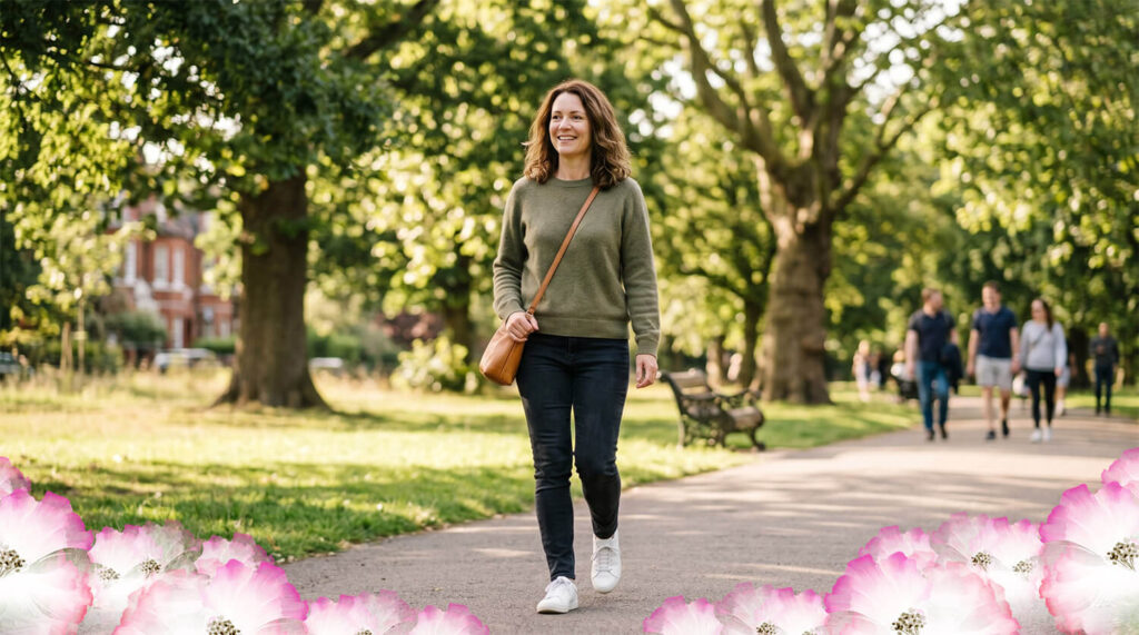 Woman in sunny park — feeling well after colonic hydrotherapy with Marijke Vogel, Phenomenal Colonics North London