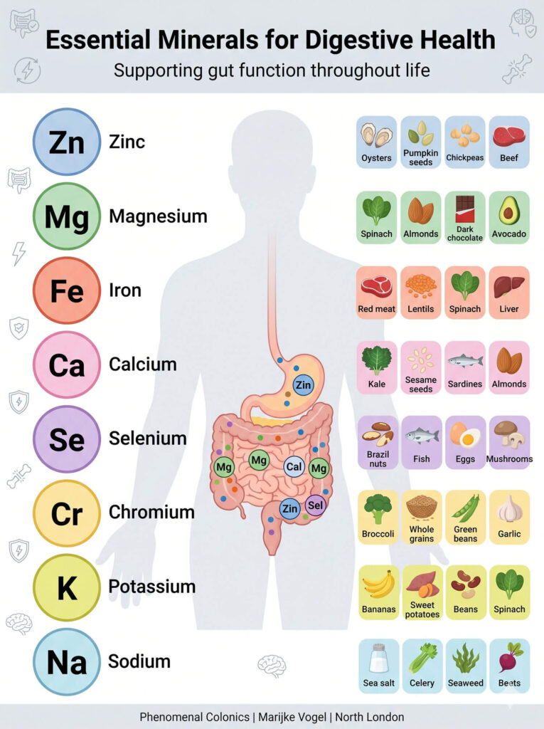 Minerals health digestion infographic showing essential nutrients for gut function - zinc, magnesium, iron, calcium, selenium with food sources and digestive system benefits