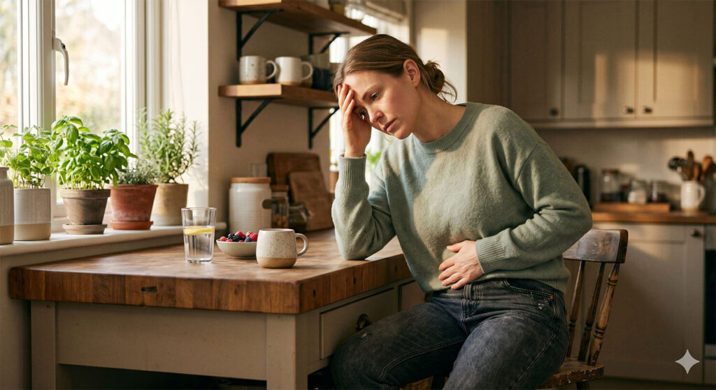 Woman experiencing candida gut health symptoms